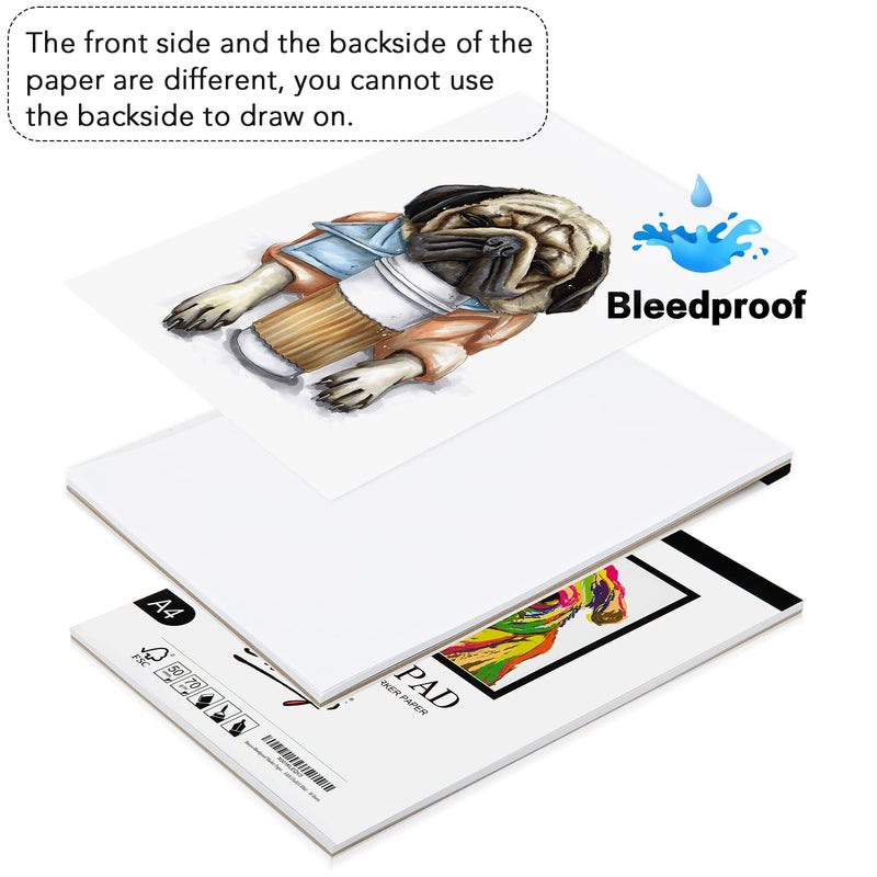Bianyo Bleedproof Marker Paper Pad, A4(8.27""X11.69""), 50 Sheets/Pad, Pack of 2 Pads, 18 LB / 70 GSM, Glue-Bound, 100% Cotton, White, Ideal for Use with Markers and Ink Mediums - Image 3